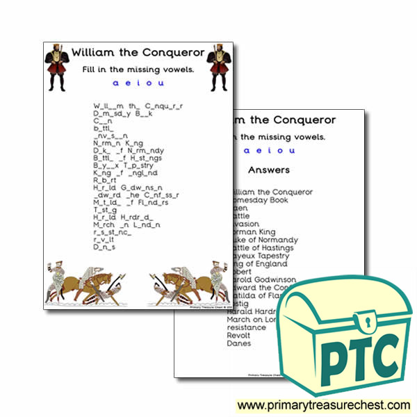 'William the Conqueror' Themed Missing Vowels Worksheet