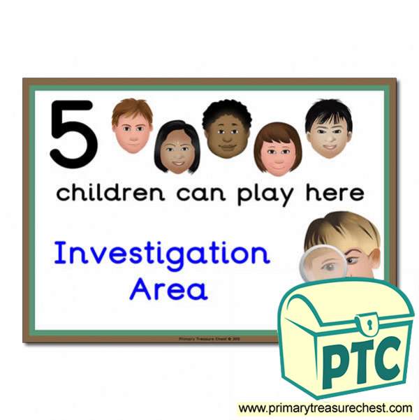 Investigation Area Sign - Images Provided - 5 children can play here - Classroom Organisation Poster