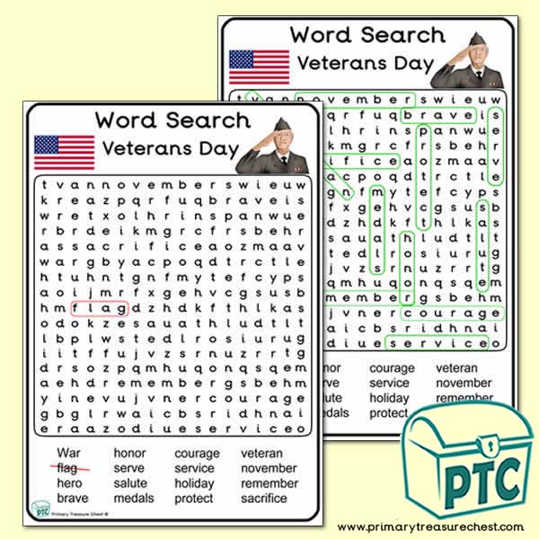Veterans Day Word Search Worksheet A4 Primary Treasure Chest