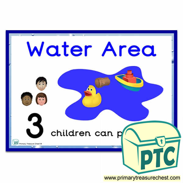 Water Area Sign - Number Pattern Images Provided  '3 children can play here' - Classroom Organisation Poster