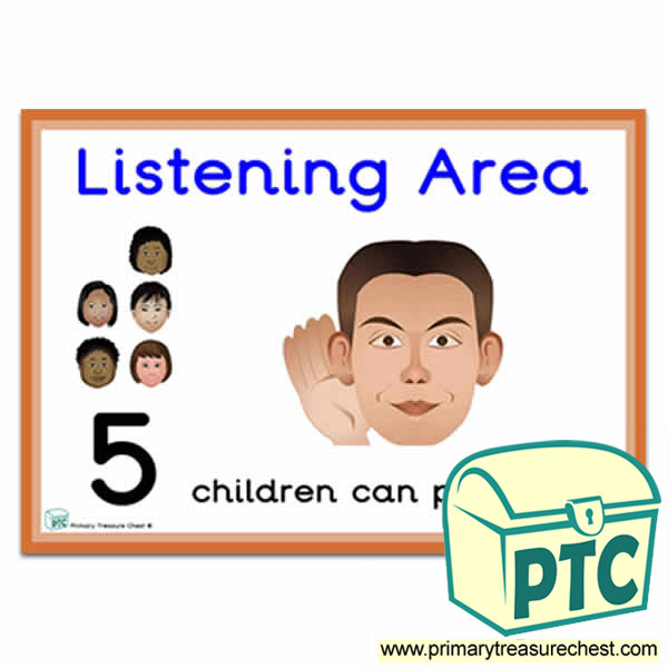 Listening Area Sign - Number Pattern Images Provided  '5 children can play here' - Classroom Organisation Poster