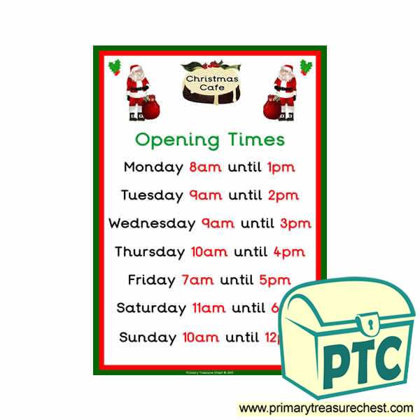Christmas Role Play Cafe Opening Times (O'clock)