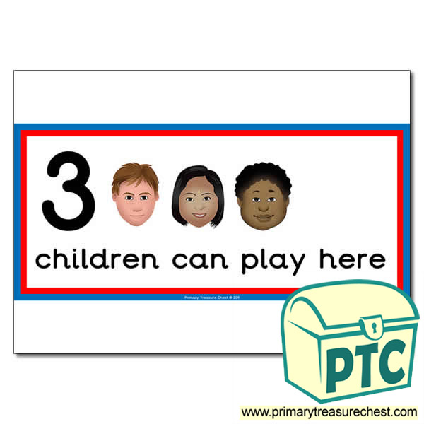 Maths Area Sign - Images of Faces - 3 children can play here - Classroom Organisation Poster