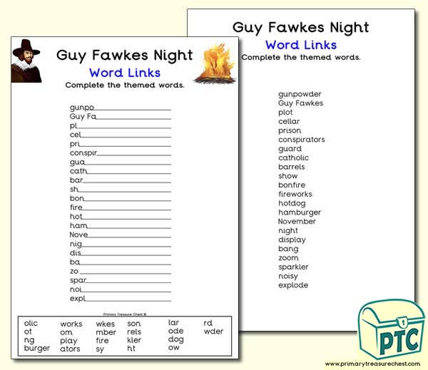 Guy Fawkes Themed Word Link Worksheet