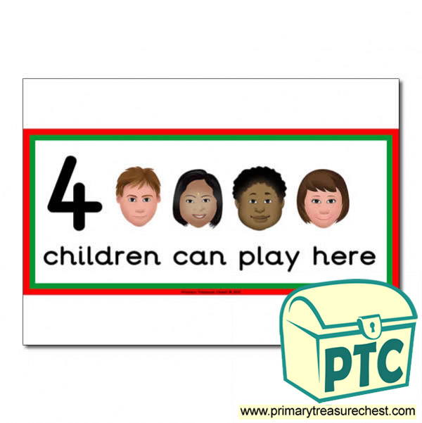 Welsh Area Sign - Images of Faces - 4 children can play here - Classroom Organisation Poster