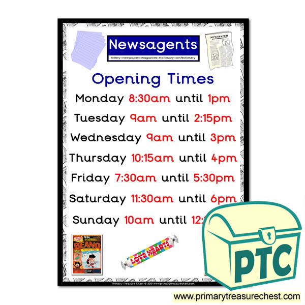Role Play Newsagents Opening Times (Quarter & Half Past)