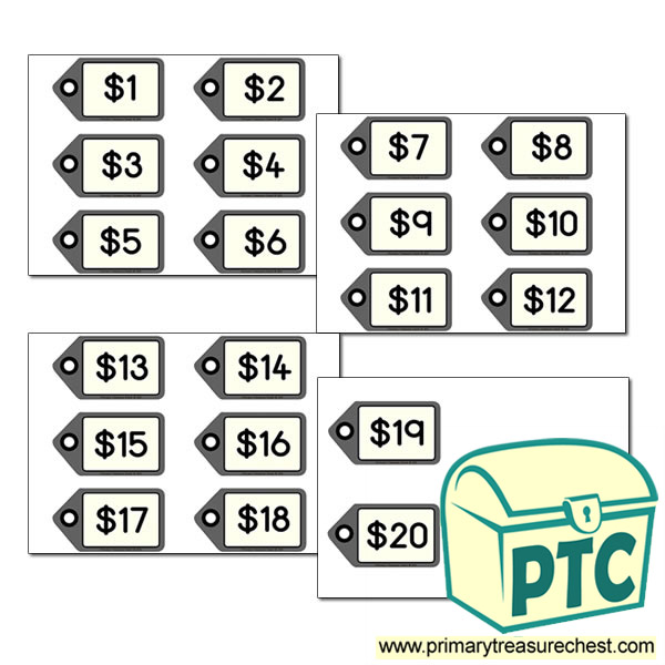 Australian Money Tags/Labels $1-$20