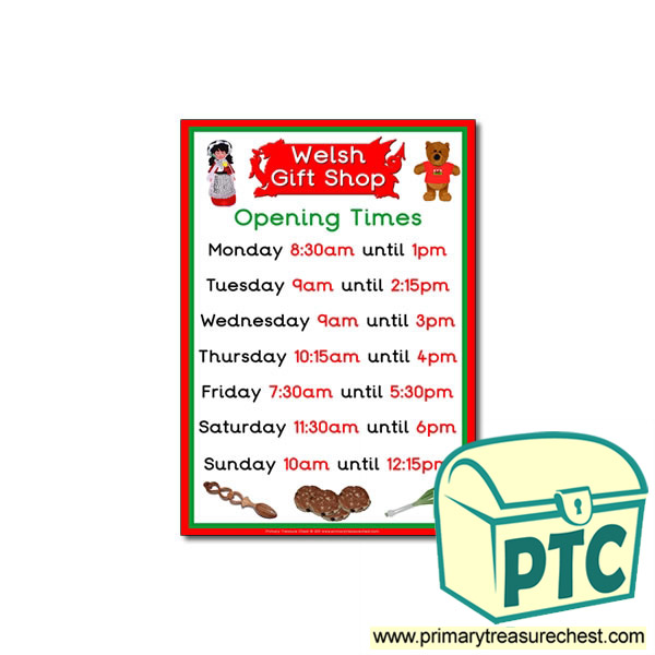 Welsh Gift Shop Opening Times Poster ( quarter & half past)