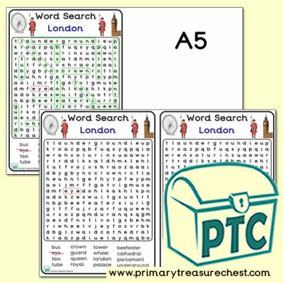 London Themed A5 Word Search Worksheet - Large Text Area