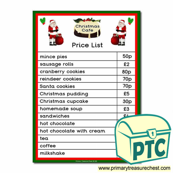 Christmas Cafe Role Play Price List (21p to £99)