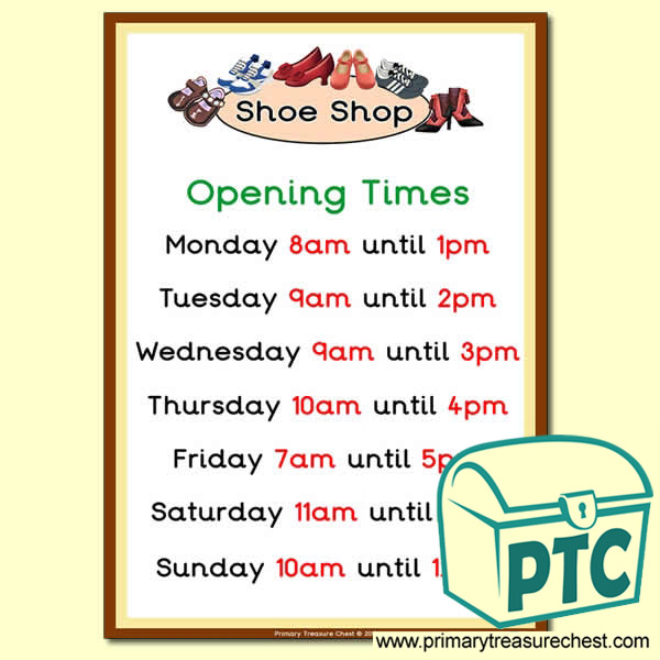 Shoe Shop Role Play Opening Times (O'clock)