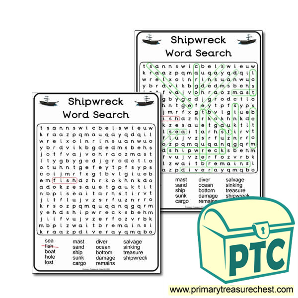Shipwreck Themed A4 WordSearch Worksheet