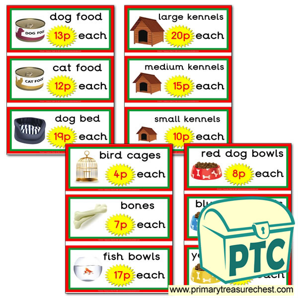 Pet Shop Role Play Equipment Prices Flashcards (1-20p)