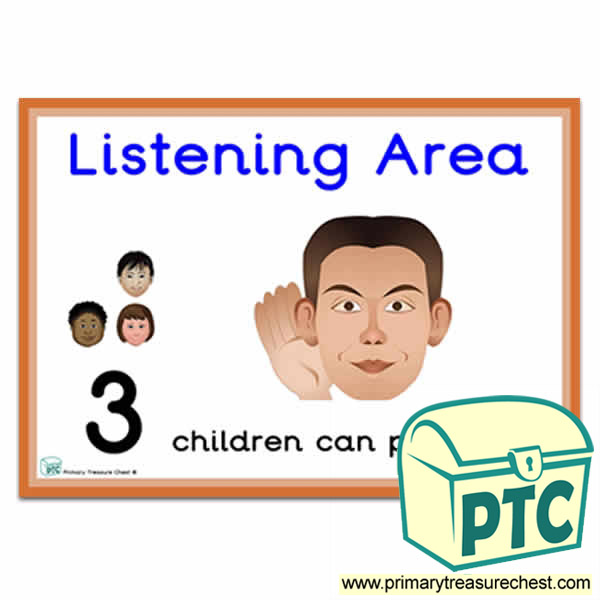 Listening Area Sign - Number Pattern Images Provided  '3 children can play here' - Classroom Organisation Poster