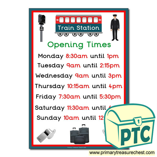 Train Station Role Play Opening Times Poster (Quarter & Half Past)