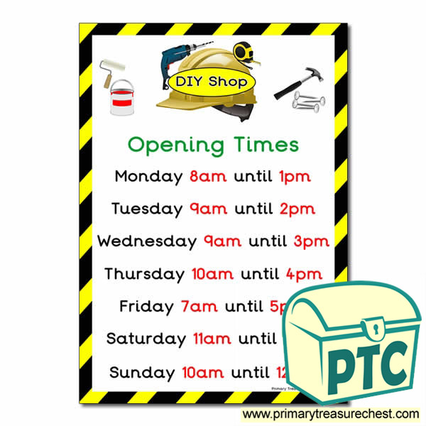 DIY Shop Role Play Opening Times Poster (O'clock)