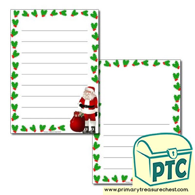 Santa with Holly Page Border / Writing Frame (wide lines)