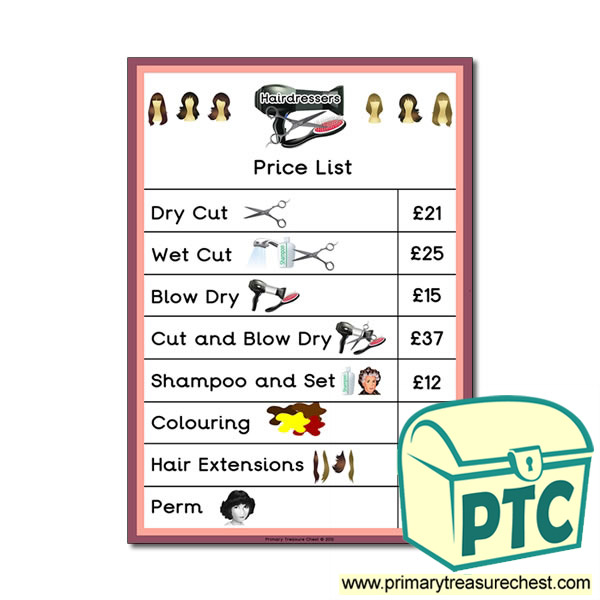Role Play Hairdressers Price List - 21p-£99