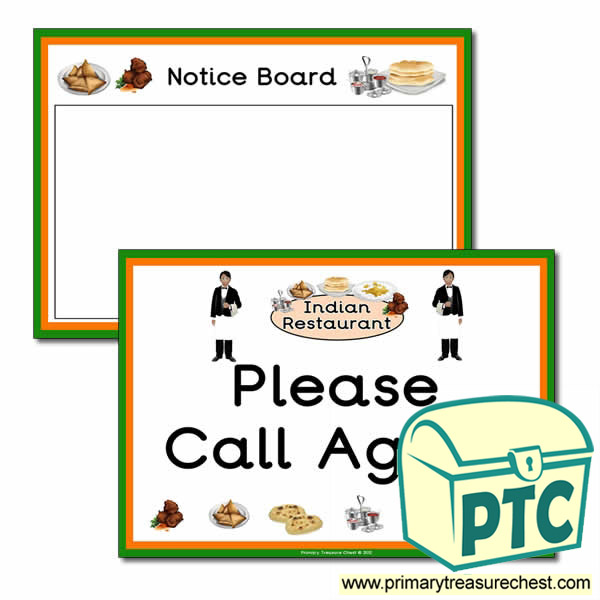 Indian Restaurant Role Play Notice Board / Call Again Signs