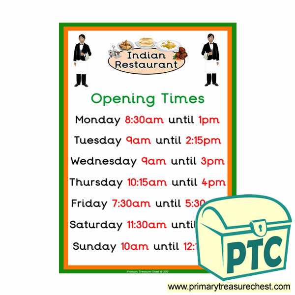 Indian Restaurant Role Play Opening Times (Quarter & Half Past)