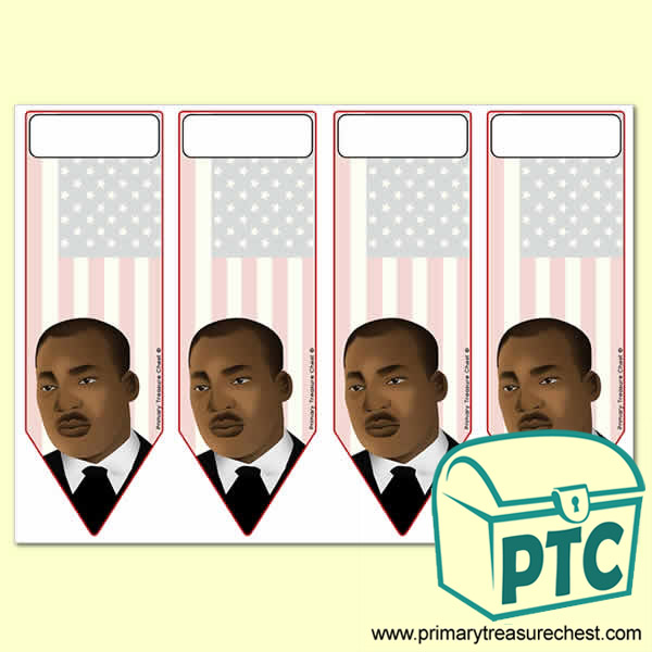 Four bookmarks on an A4 sheet, with a Martin Luther King Jr. theme.