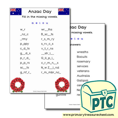 Anzac Day Missing Vowels Worksheet Primary Treasure Chest