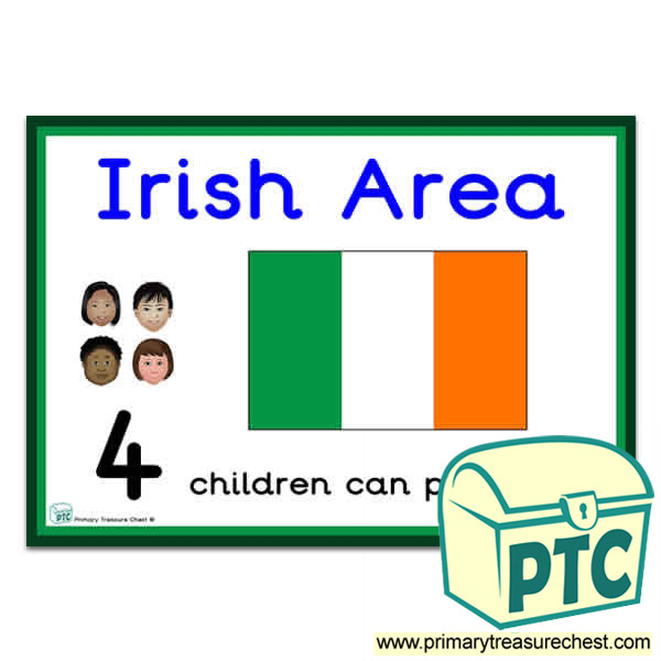 Irish Area Sign - Number Pattern Images Provided  '4 children can play here' - Classroom Organisation Poster