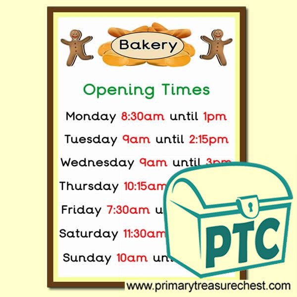 Bakery Shop Role Play Shop Opening Times (Quarter & Half Past)