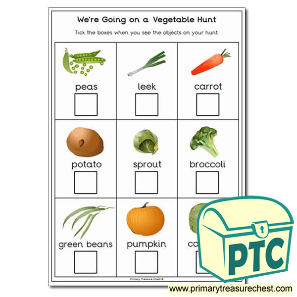 We're Going on a Vegetable Hunt A4 worksheet.