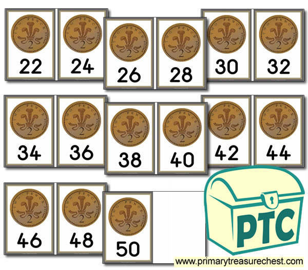 2p Coins - Counting in 2s Cards (22-50)