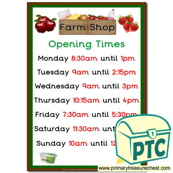 Farm Shop Role Play Opening Times Sign (Quarter & Half Past)