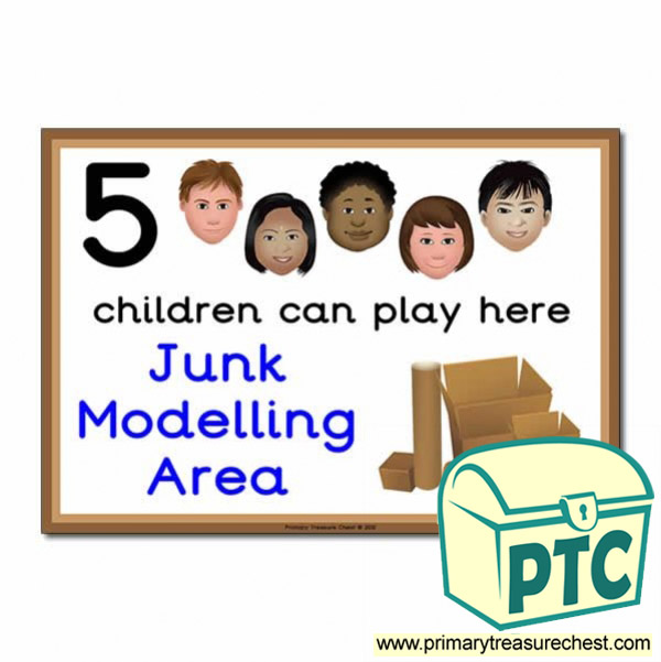 Junk Modelling Area Sign - Images Provided - 5 children can play here - Classroom Organisation Poster