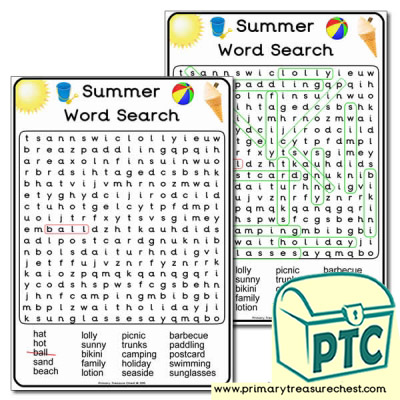 A5 Summer Themed Word Search Worksheet