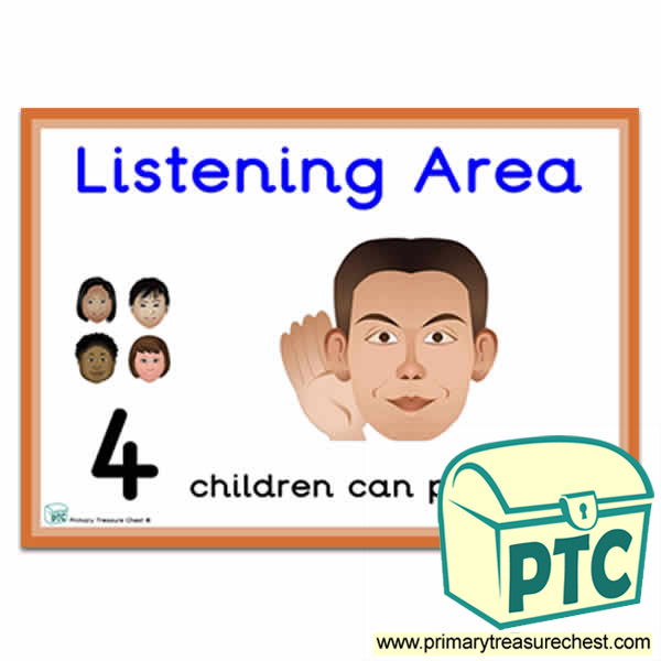 Listening Area Sign - Number Pattern Images Provided  '4 children can play here' - Classroom Organisation Poster