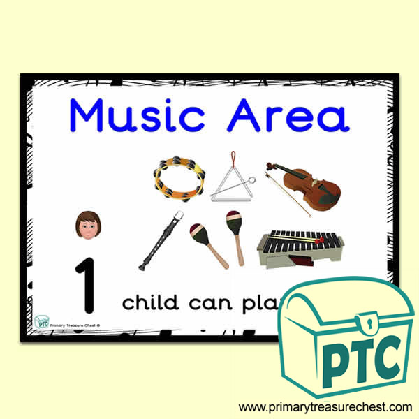 Music Area Sign - Number Pattern Images Provided  '1 child can play here' - Classroom Organisation Poster