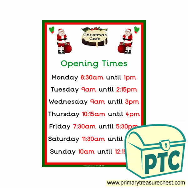 Christmas Role Play Cafe Opening Times (Quarter & Half Past)