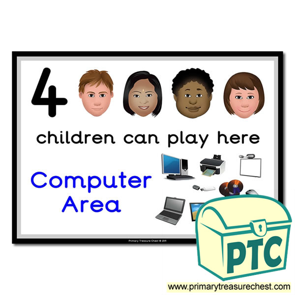 Computer Area Sign - Images Provided - 4 children can play here - Classroom Organisation Poster