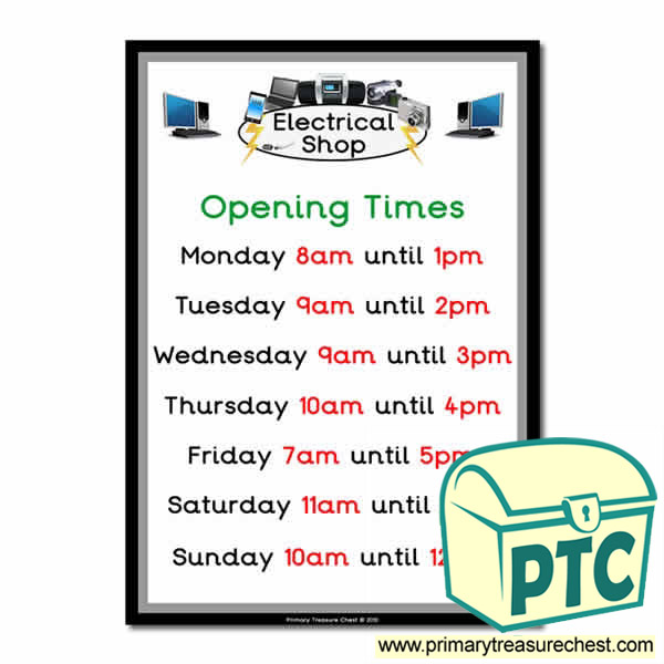 Role Play Electrical Shop Opening Times (O'clock)