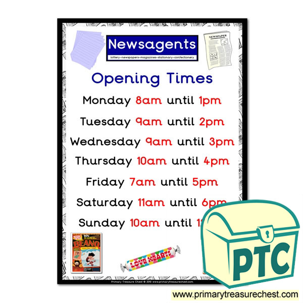 Role Play Newsagents Opening Times (O'clock)