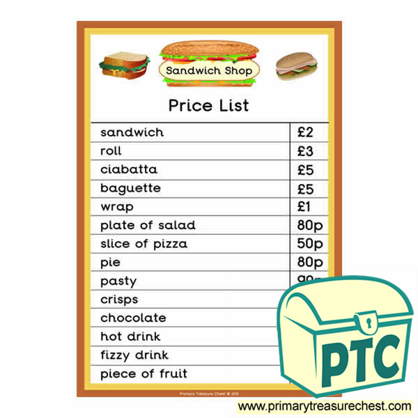 Role Play Sandwich Shop Price List