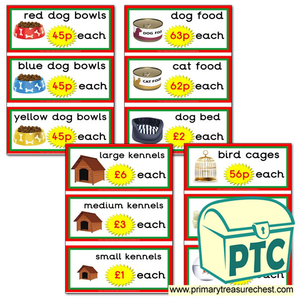 Pet Shop Role Play Equipment Prices Flashcards (21p to £99)