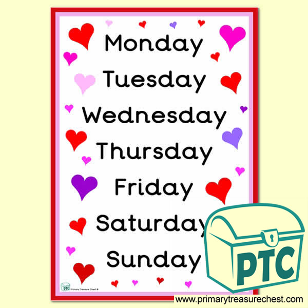 Days of The Week Hearts Themed Posters