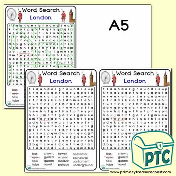 London Themed A5 Word Search Worksheet - Large Text Area