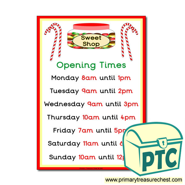 Role Play Sweet Shop Opening Times Poster (O'clock Times)