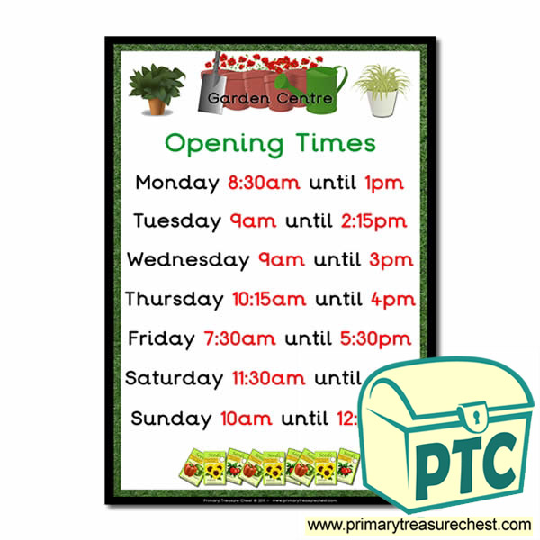 Role Play Garden Centre  Opening Times Poster (Quarter & Half Past)