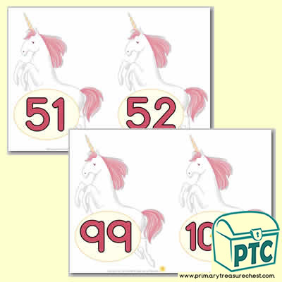 Unicorn Number Line 51-100 (no border) - Serenity the Sweet Dreams Resources