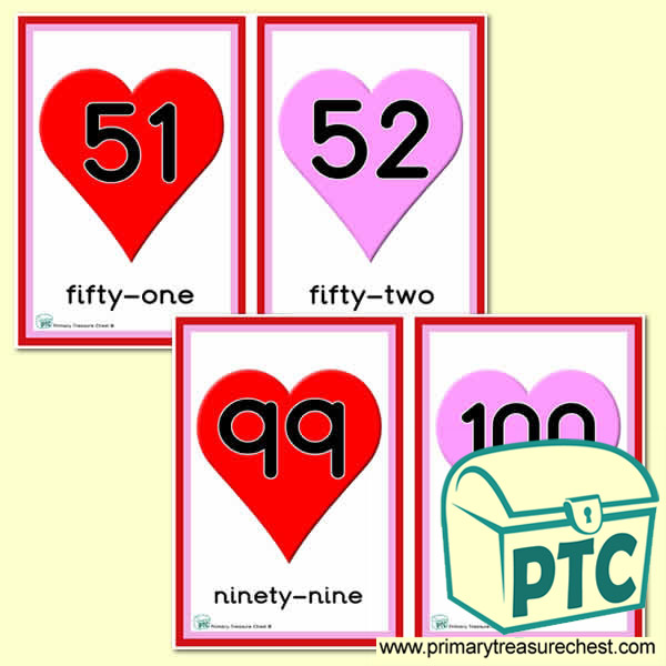 Hearts Themed Number Line 51 to 100