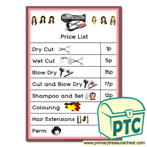 Role Play Hairdressers Price List - 1-20p