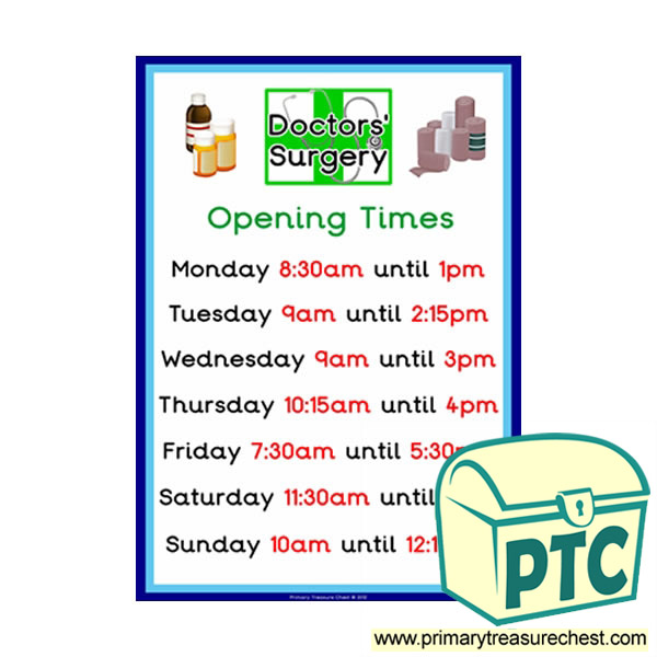Doctors' Surgery  Role Play Opening Times Sign (Quarter & Half Past times)