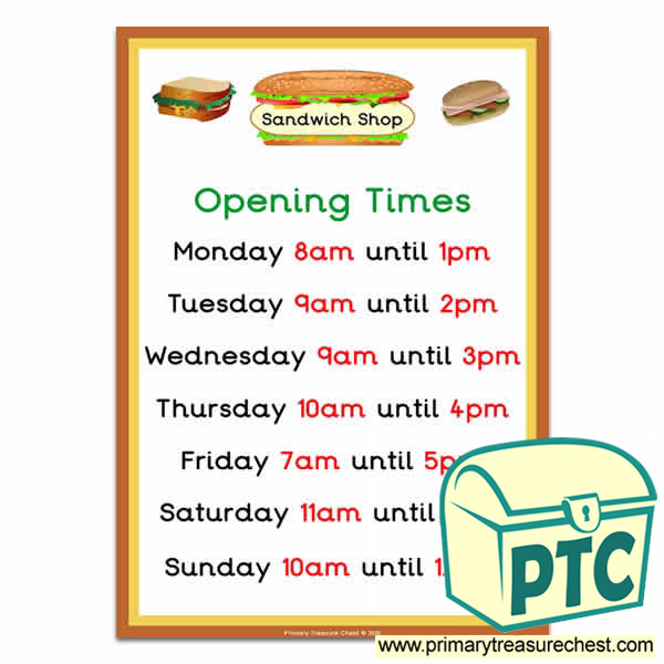 Sandwich Shop Role Play Opening Times (O'clock)